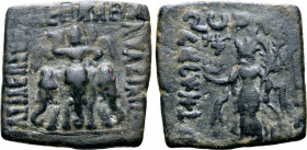 Indo-Skythians, Azilises Æ 26mm. Circa 85-45/35 BC. ΒΑΣΙΛΕΩΣ ΒΑCΙΛΕΩN ΜΕΓΑΛΟΥ AZIΛIΣOY, Lakshmi seated facing on elephant, flanked by two elephants to...
