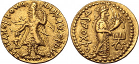 Kushan Empire, Kanishka I AV Dinar. Subsidiary mint in Gandhara (Peshawar?), circa AD 127-151. Late Phase. Emperor standing facing, diademed, wearing ...