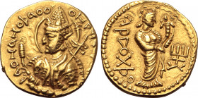 Kushan Empire, Huvishka AV Dinar. Main mint in Baktria (Balkh?), circa AD 151-190. Nimbate, crowned and diademed half-length bust on clouds to left, h...