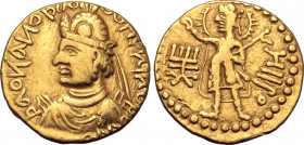 Kushan Empire, Huvishka AV Dinar. Subsidiary mint in Gandhara (Peshawar?), circa AD 151-190. Crowned and diademed bust to left, flames emanating at sh...