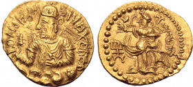 Kushan Empire, Huvishka AV Dinar. Subsidiary mint in Gandhara (Peshawar?), circa AD 151-190. Crowned and diademed half-length bust on clouds to left, ...