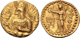 Kushan Empire, Huvishka AV Dinar. Subsidiary mint in Gandhara (Peshawar?), circa AD 151-190. Crowned and diademed half-length bust to left on clouds, ...