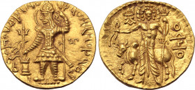 Kushan Empire, Vasudeva I AV Dinar. Subsidiary mint in Gandhara (Peshawar?), circa AD 190-230. Vasudeva, nimbate, standing facing, head to left, sacri...