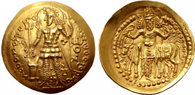 Kushano-Sasanians, Pērōz (Fīrūz) I AV Dinar. Baktrian mint (Balkh?), AD 245-270. King standing facing, head to left, wearing lion-head crown, flames a...