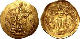 Kushano-Sasanians, Ohrmazd (Hormizd) I AV Dinar. Baktrian mint (Balkh?), AD 270-300. King standing facing, head to left, wearing lion-head crown with ...