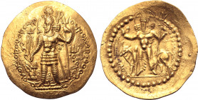 Kushano-Sasanians, Ohrmazd (Hormizd) I AV Dinar. Boxlo (Balkh) mint, AD 270-300. King standing facing, head to left, wearing lion-head crown with lotu...