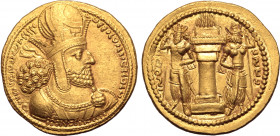 Sasanian Kingdom, Shapur I AV Dinar. Mint I ("Ctesiphon"), Phase 2, circa AD 260-272. Draped bust to right, wearing diadem and mural crown surmounted ...