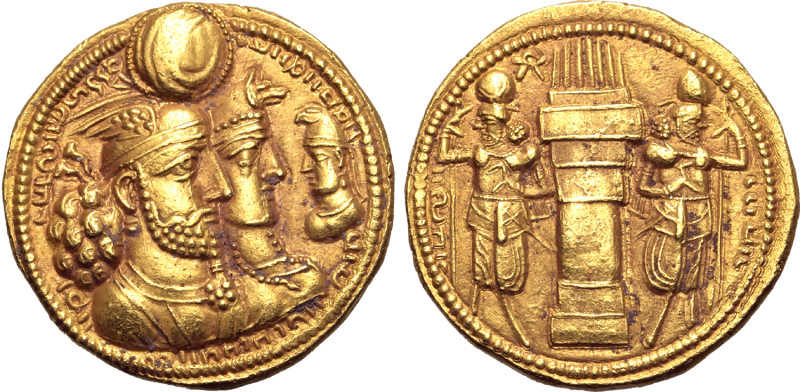 Sasanian Kings, Vahrām (Bahram) II, with Queen and Prince 4, AV Dinar. AD 276-29...