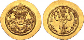 Sasanian Kingdom, Ardashir III AV Dinar. Uncertain mint, RY 1 = AD 628/9. Facing bust of young king, wearing cap surmounted by crenelated mural crown ...