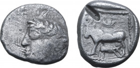 Philistia (Palestine), uncertain mint AR Drachm. Gaza(?), circa 450-333 BC. Laureate head to left / Cow standing to left, suckling calf standing to ri...
