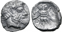 Philistia (Palestine), uncertain mint AR Obol. Gaza(?), circa 450-333 BC. Laureate and bearded male head (Ba’al Arwad) to right / Owl standing facing,...
