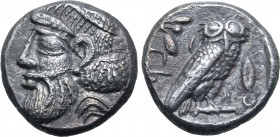 Philistia (Palestine), Gaza AR Drachm. Circa 450-333 BC. Bearded male head to left, wearing headdress / Owl standing to right, head facing; olive spri...