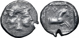 Philistia (Palestine), Gaza AR Drachm. Circa 450-333 BC. Janiform male and female heads / Forepart of horse to right, Phoenician AZ to upper left; all...