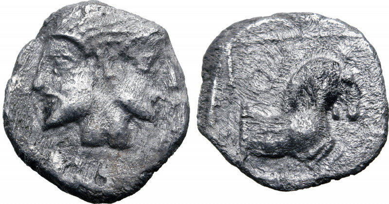 Philistia, Gaza AR Obol. Circa 450-333 BC. Janiform male and female heads / Fore...