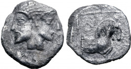 Philistia, Gaza AR Obol. Circa 450-333 BC. Janiform male and female heads / Forepart of horse to right, Phoenician AZ to upper left; all within dotted...