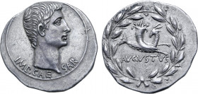 Augustus AR Cistophorus of Ephesus, Ionia. Circa 25 BC. IMP•CAESAR, bare head to right / Capricorn to right, head reverted, bearing cornucopiae on bac...
