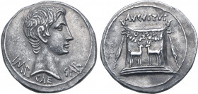 Augustus AR Cistophorus of Ephesus, Ionia. Circa 25-20 BC. IMP•CAESAR, bare head to right / Garlanded and filleted altar decorated with stags standing...