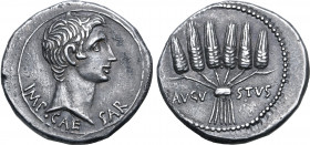 Augustus AR Cistophorus of Ephesus, Ionia. Circa 25-20 BC. IMP • CAESAR, bare head to right / Six stalks of grain tied in a bundle, AVGV-STVS across f...