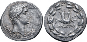 Augustus AR Cistophorus of Pergamum, Mysia. 27-26 BC. IMP•CAESAR, bare head to right / Capricorn to right, head reverted, bearing cornucopiae on back,...