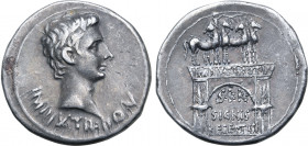 Augustus AR Cistophorus of Pergamum, Mysia. 19-18 BC. IMP•IX TR PO V, bare head to right / Triumphal arch with IMP IX TR POT V inscribed on entablatur...