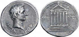 Augustus AR Cistophorus of Pergamum, Mysia. 19-18 BC. IMP•IX TR PO V, bare head to right / Hexastyle temple with ROM ET AVGVST inscribed on entablatur...