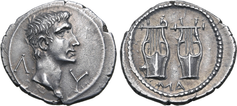 Augustus AR Drachm of Masicytus, Lycian League. Circa 27-20 BC. Bare head of Aug...