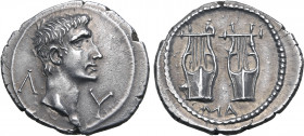Augustus AR Drachm of Masicytus, Lycian League. Circa 27-20 BC. Bare head of Augustus to right; Λ-Y flanking / Two citharas; MA below. RPC I 3309c.4; ...