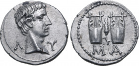 Augustus AR Drachm of Masicytus, Lycian League. Circa 27-20 BC. Bare head of Augustus to right; Λ-Y flanking / Two citharas, grain ear between; MA bel...
