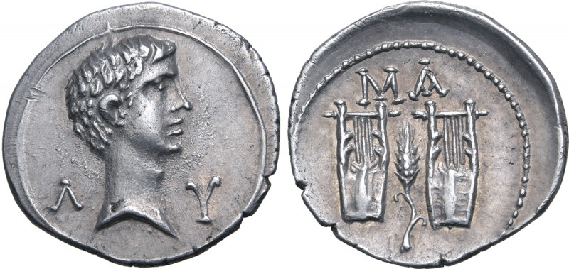 Augustus AR Drachm of Masicytus, Lycian League. Circa 27-20 BC. Bare head of Aug...