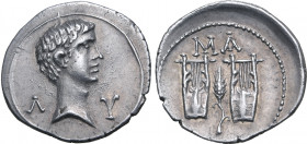 Augustus AR Drachm of Masicytus, Lycian League. Circa 27-20 BC. Bare head of Augustus to right; Λ-Y flanking / Two citharas, grain ear between; MA abo...