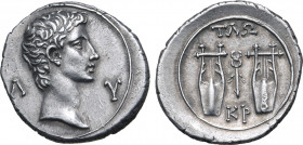 Augustus AR Drachm of Tlos and Kragos, Lycian League. Circa 27-20 BC. Bare head of Augustus to right; Λ-Y flanking / Two citharas, caduceus between; Τ...