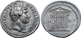 Hadrian AR Cistophorus of Nicomedia, Bithynia. After AD 128. IMP CAES TRA HADRIANO AVG P P, laureate head to right / Octastyle temple set on three-tie...