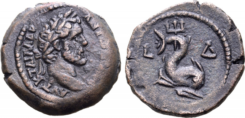 Antoninus Pius Æ Obol of Alexandria, Egypt. Dated RY 4 = AD 140/1. ΑVΤ Κ Τ ΑΙΛ Α...