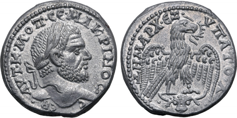 Macrinus AR Tetradrachm of Carrhae, Mesopotamia. AD 217-218. AYT K M OΠ CЄ MAKPI...