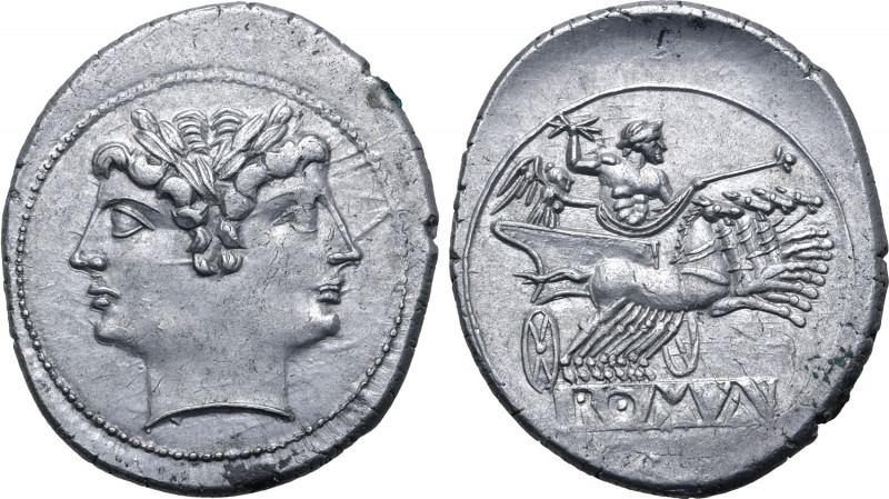 Anonymous AR Didrachm (Quadrigatus). Rome, 225-214 BC. Laureate head of Janus / ...