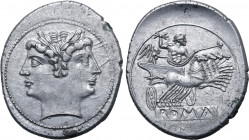 Anonymous AR Didrachm (Quadrigatus). Rome, 225-214 BC. Laureate head of Janus / Jupiter, holding sceptre and brandishing thunderbolt, in fast quadriga...