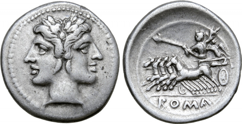 Anonymous AR Drachm (Half-Quadrigatus). Rome, circa 225-212 BC. Laureate head of...
