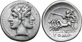 Anonymous AR Drachm (Half-Quadrigatus). Rome, circa 225-212 BC. Laureate head of Janus / Jupiter, holding sceptre and brandishing thunderbolt, in fast...