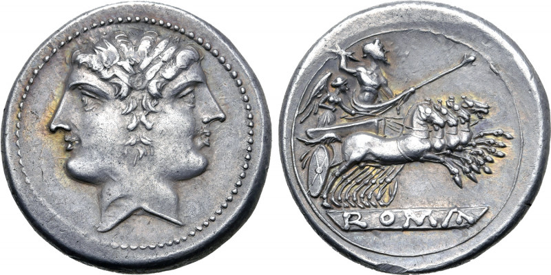 Anonymous AR Didrachm (Quadrigatus). Rome, 225-214 BC. Laureate head of Janus / ...