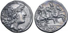 Staff Series AR Denarius. Rome, 209-208 BC. Helmeted head of Roma to right; X (mark of value) behind / The Dioscuri, each holding spear, on horseback ...