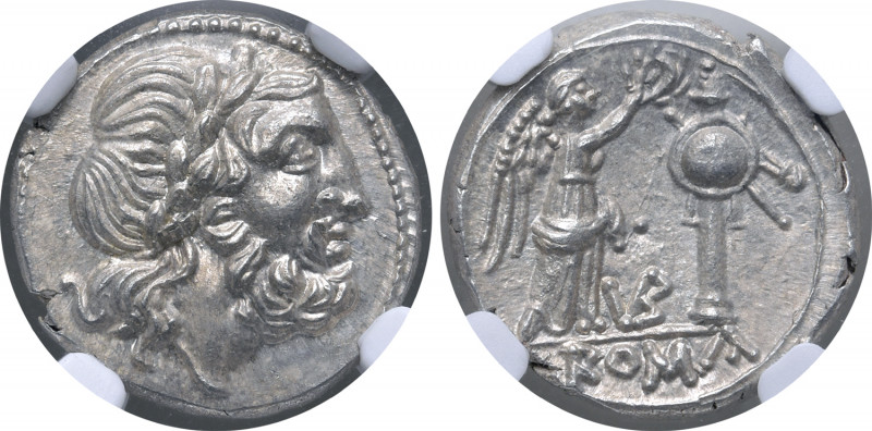 VB series AR Victoriatus. Uncertain mint, 211-208 BC. Laureate head of Jupiter t...