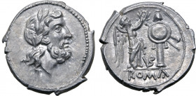VB series AR Victoriatus. Uncertain mint, 211-208 BC. Laureate head of Jupiter to right / Victory standing to right, crowning trophy with wreath; VB m...