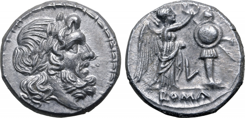 L series AR Victoriatus. Luceria, 211-208 BC. Laureate bust of Jupiter to right,...