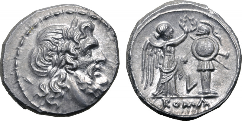 L series AR Victoriatus. Luceria, 211-208 BC. Laureate bust of Jupiter to right,...