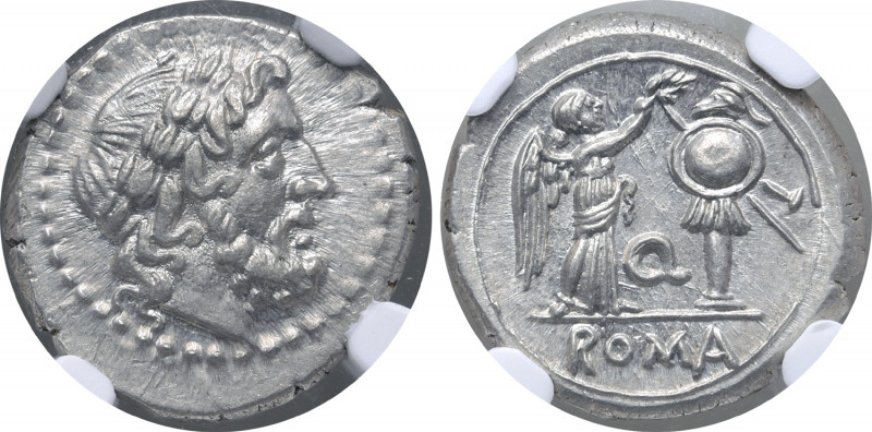Q series AR Victoriatus. Apulian mint, circa 211-210 BC. Laureate head of Jupite...