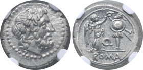 Q series AR Victoriatus. Apulian mint, circa 211-210 BC. Laureate head of Jupiter to right / Victory standing to right, crowning trophy; Q between, RO...