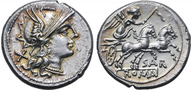 Atilius Saranus AR Denarius. Rome, 155 BC. Helmeted head of Roma to right; X (ma...