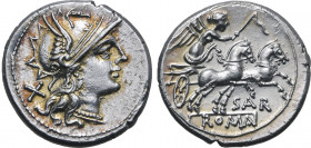 Atilius Saranus AR Denarius. Rome, 155 BC. Helmeted head of Roma to right; X (mark of value) behind / Victory in biga to right, holding whip and reins...