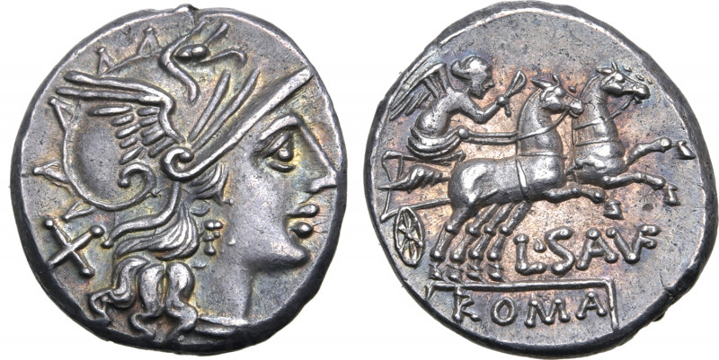L. Saufeius AR Denarius. Rome, 152 BC. Helmeted head of Roma to right; X (mark o...