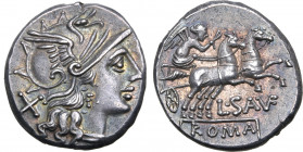 L. Saufeius AR Denarius. Rome, 152 BC. Helmeted head of Roma to right; X (mark of value) behind / Victory driving biga to right, holding reins and whi...